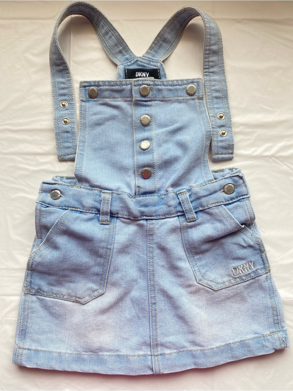 DKNY Toddler Girl Denim Overall Dress Light Wash Jean Jumper Skirt Logo 4T